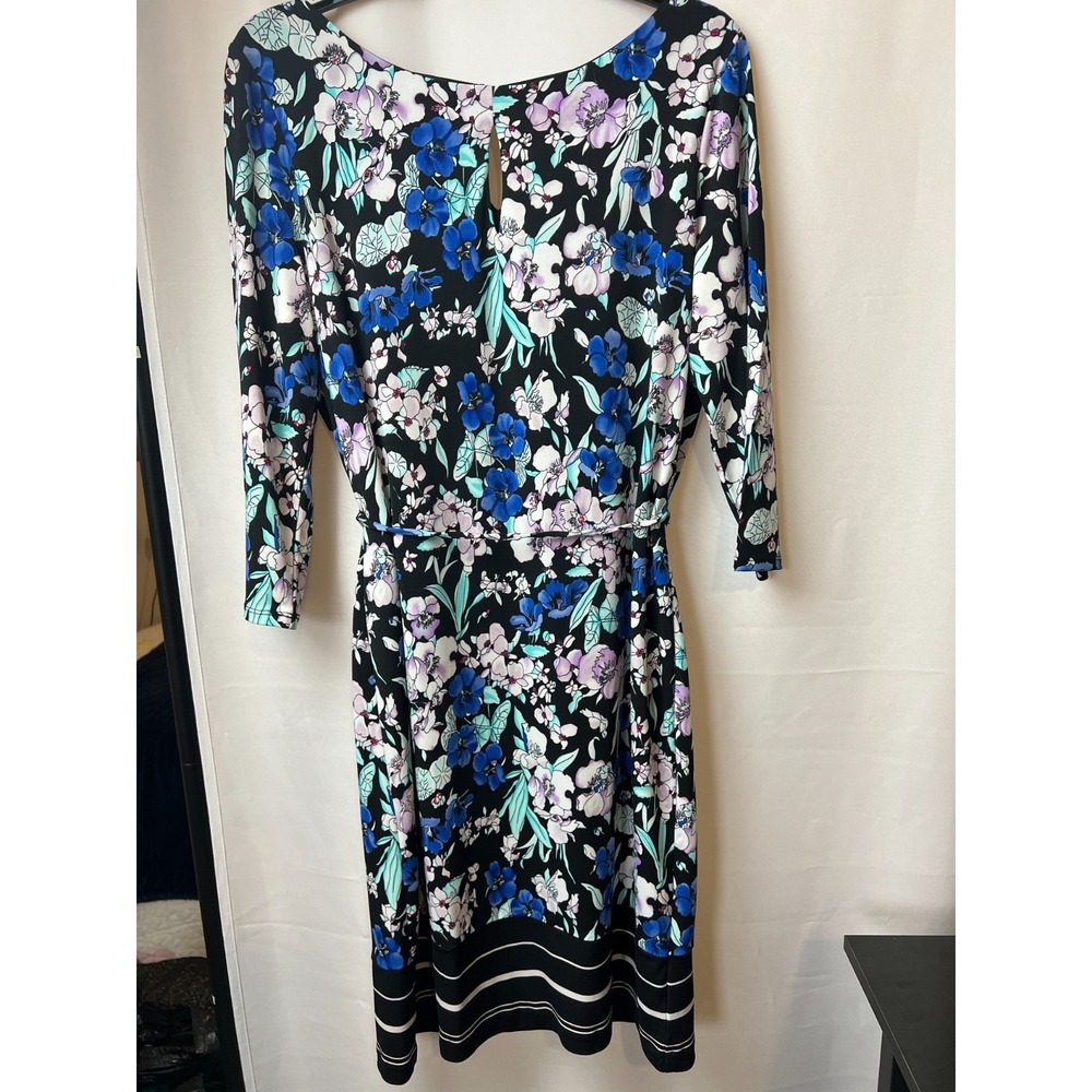 Liz Claiborne Multi Floral Print 3/4 Sleeve Keyhole Tie Dress Womens Sz Med NWT